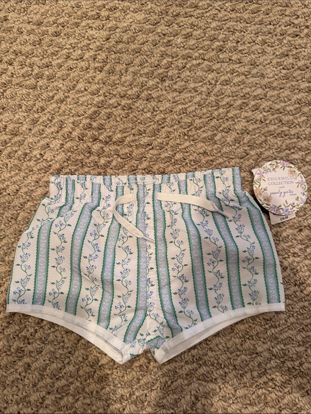 Edgehill Collection White Floral-Striped Sleep Shorts with Green Accents